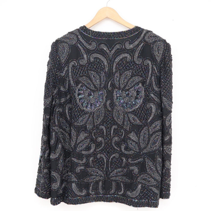 Nipon Night Silk Beaded Jacket XL Black Iridescent Sequin Paisley Open Front