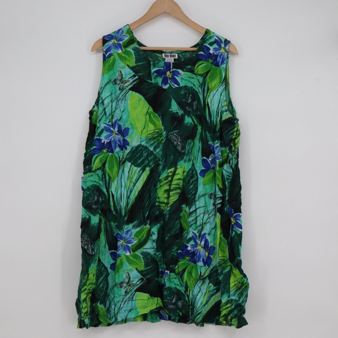Dee-Dee's Womens XL Green Tropical Floral Butterfly Rayon Sleeveless Shift Dress