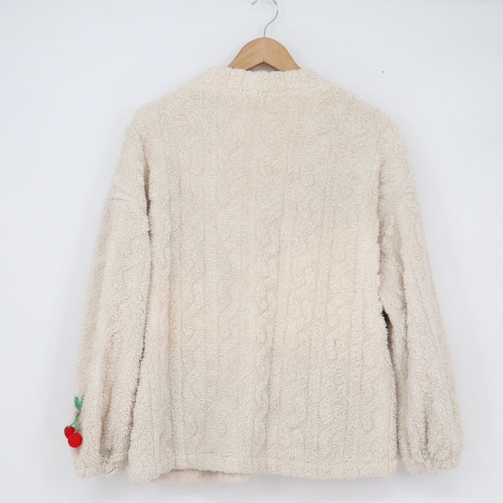 Unbranded Sherpa Fleece Cherry Cardigan Cream 3D Crochet Fruit Applique Jacket