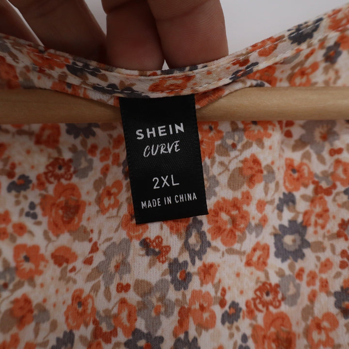 Shein Curve Womens 2XL Orange Floral Tie Front Peplum Blouse Flutter Sleeve Top