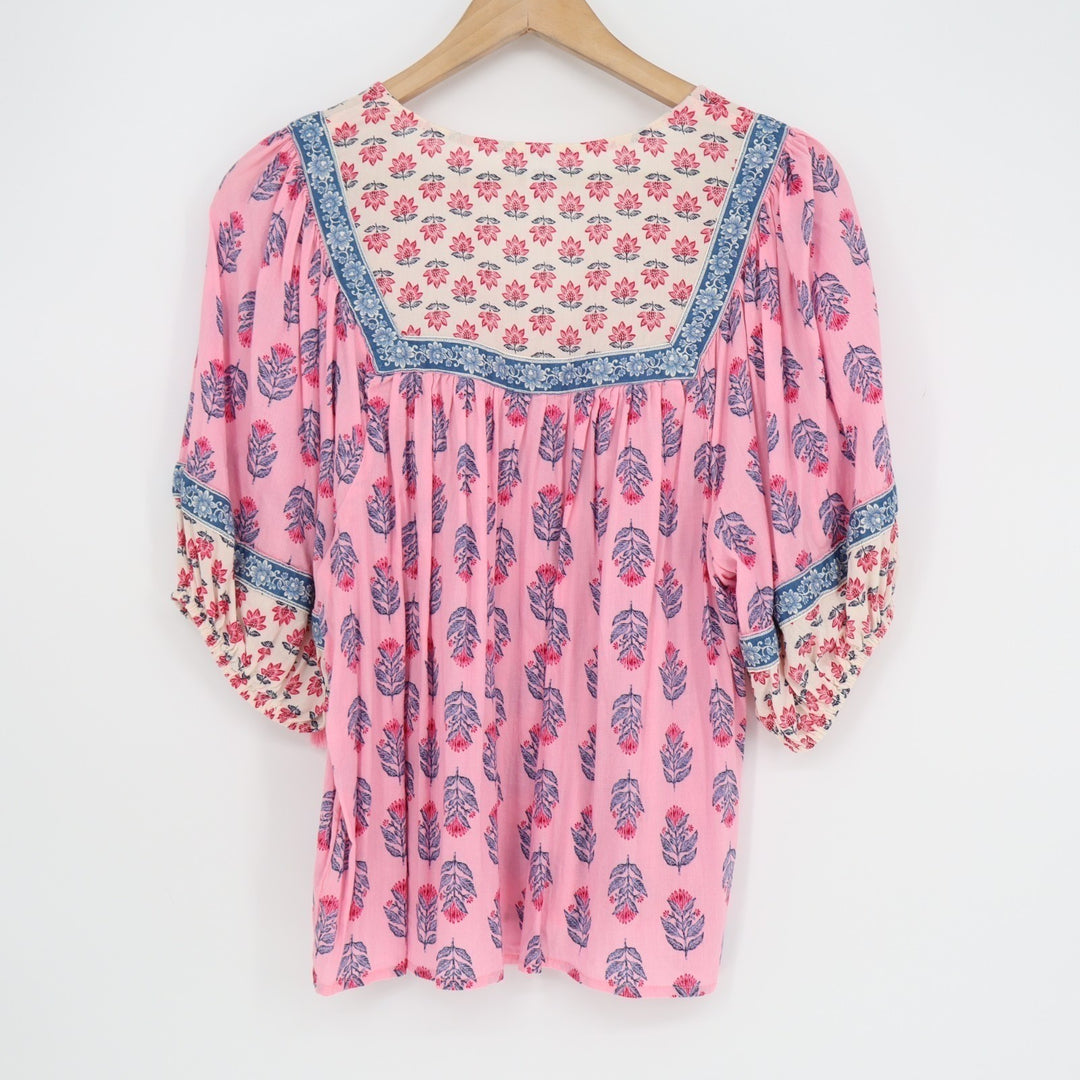 Old Navy Tunic Top Womens Medium Pink Floral Pleated Short Sleeve Split Neck
