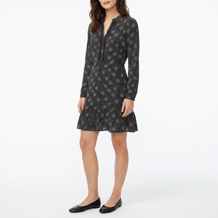 LOFT Womens Black White Polka Dot Ruffle Hem Shift Dress Size 8 Long Sleeve