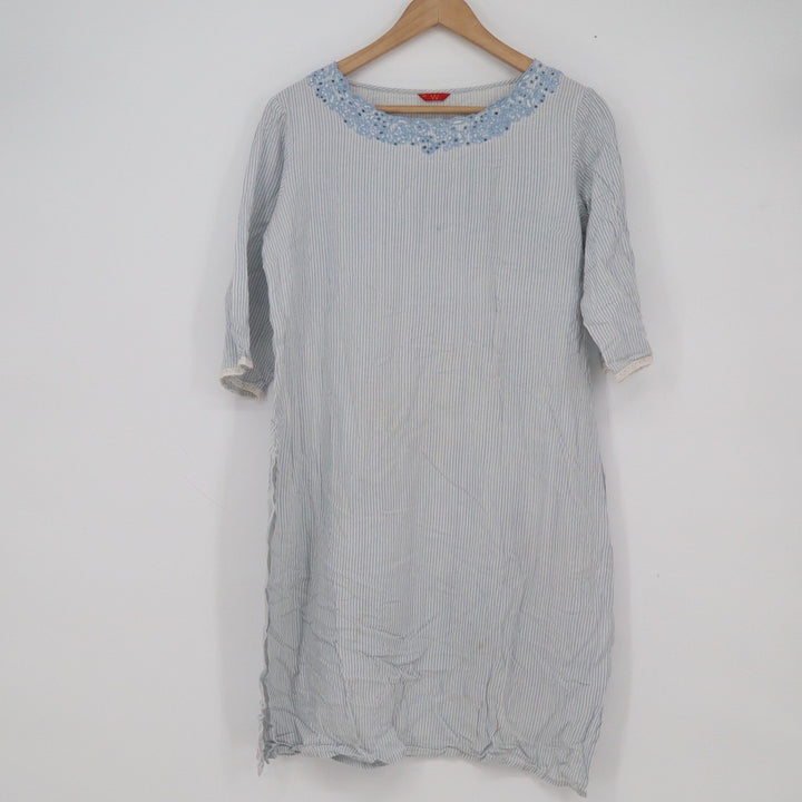 W for Woman Blue Striped Lace Neck Tunic Kurti Top Rayon Flax Size 14