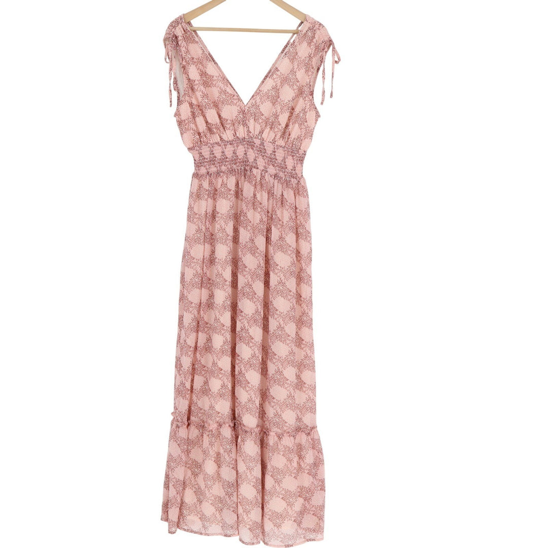 Lush Pink Floral Medallion V-Neck Smocked Waist Tie Shoulder Maxi Dress Large