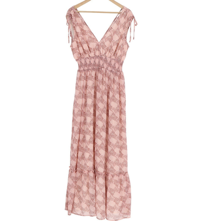 Lush Pink Floral Medallion V-Neck Smocked Waist Tie Shoulder Maxi Dress Large