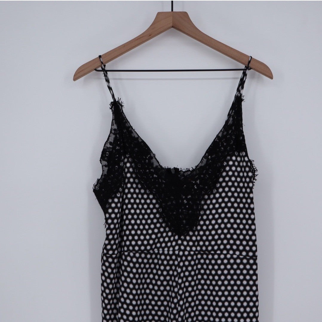 MARGOT JOSEPH Black White Polka Dot Lace Trim Jumpsuit Wide Leg L