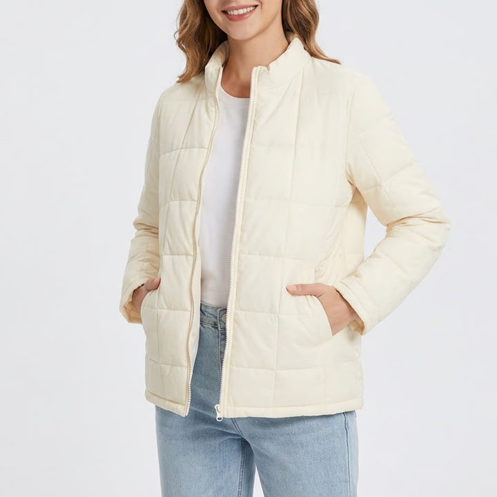 Cream Quilted Zip Up Mock Neck Jacket Womens Large Ivory Puffer Elastic Hem