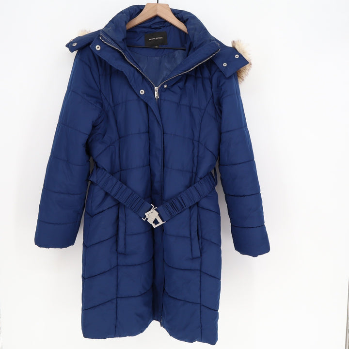 Banana Republic Womens Blue Quilted Puffer Parka Faux Fur Hood Belted Coat L