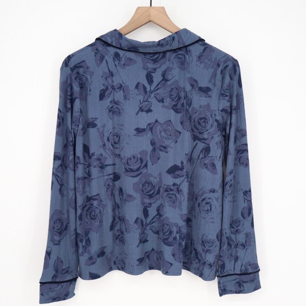 Roudelain Pajama Top Womens Medium Vintage Indigo Floral Print Stretch Ribbed