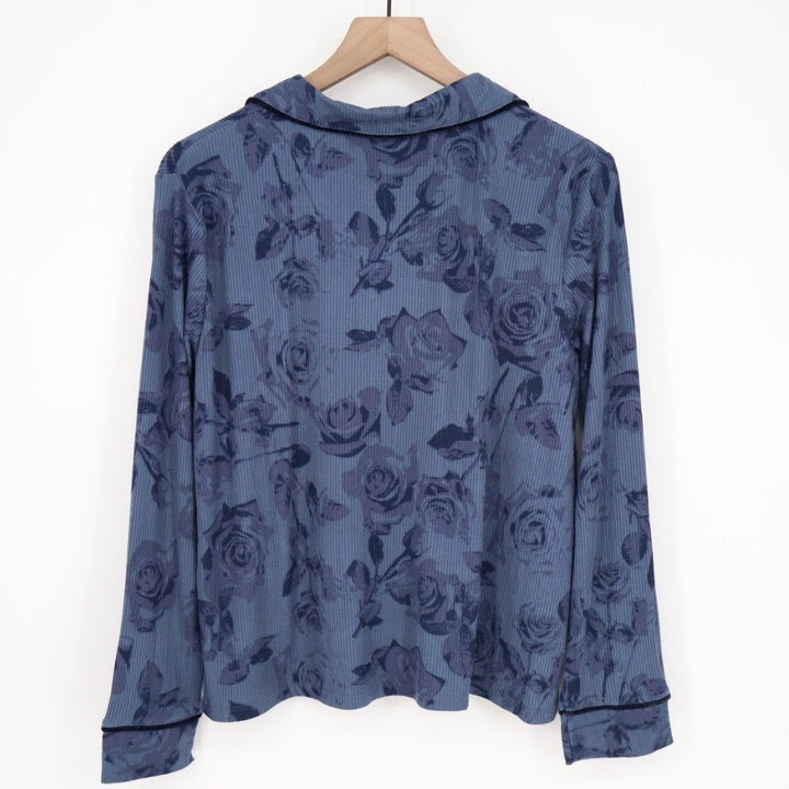 Roudelain Pajama Top Womens Medium Vintage Indigo Floral Print Stretch Ribbed