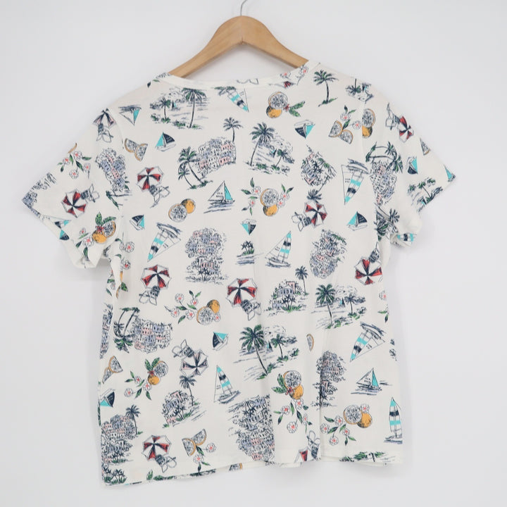 Old Navy Everywear Womens Large V-Neck T-Shirt White Coastal Vacation Print L