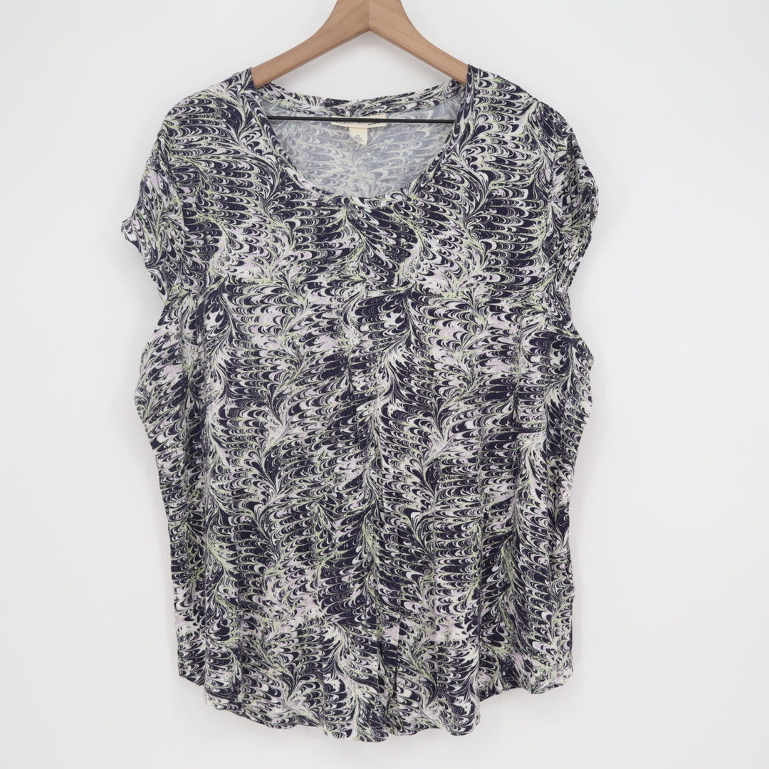 Emaline Top Womens 2X Marbled Swirl Print Purple Black Cap Sleeve Excellent