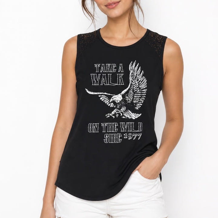 Freeze Womens Black Eagle Graphic Lace Shoulder Tank Top Take A Walk Wild Side L