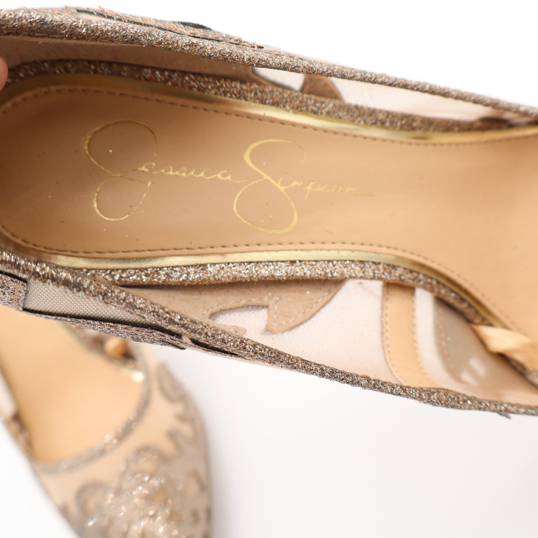 Jessica Simpson Liereena2 Champagne Glitter Mesh Pointed Toe Pumps Gold 8M