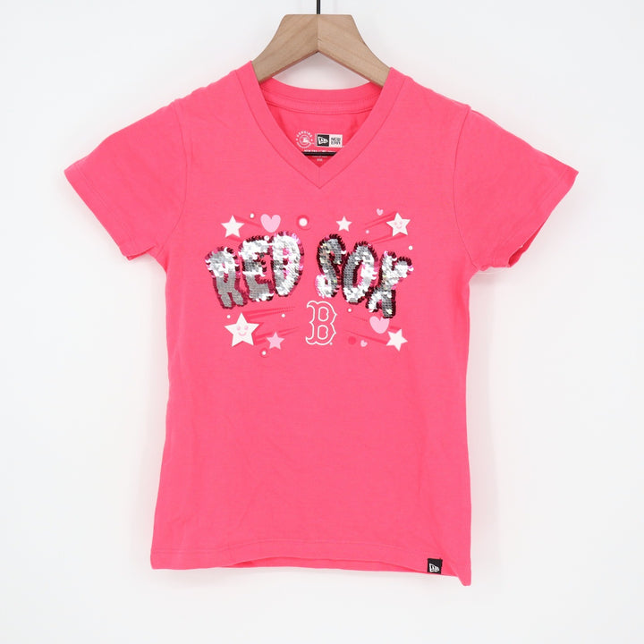 New Era Girls Boston Red Sox Pink Sequin V-Neck T-Shirt Size 6/6X MLB 2024