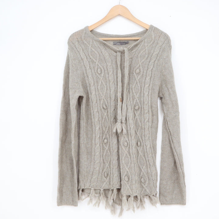 Prana Womens Oatmeal Beige Cable Knit Wool Blend Fringe Cardigan Sweater Size L