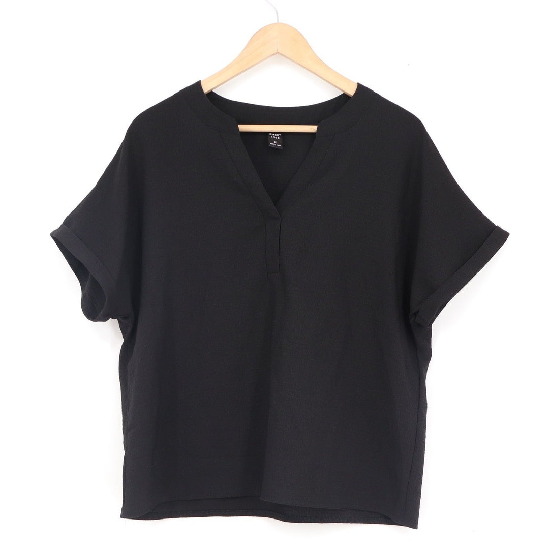 Emery Rose Black Notched V-Neck Cuffed Short Sleeve Blouse Top Medium