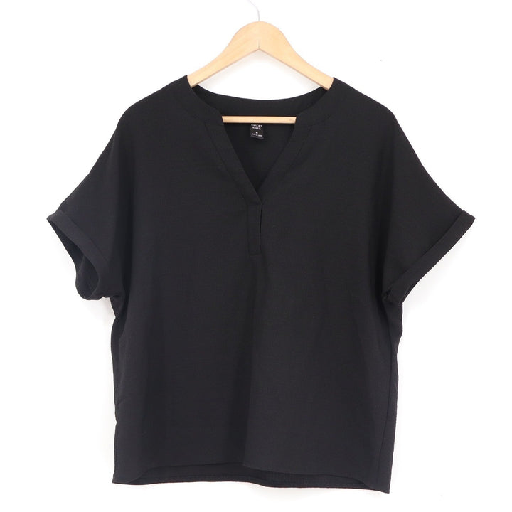 Emery Rose Black Notched V-Neck Cuffed Short Sleeve Blouse Top Medium