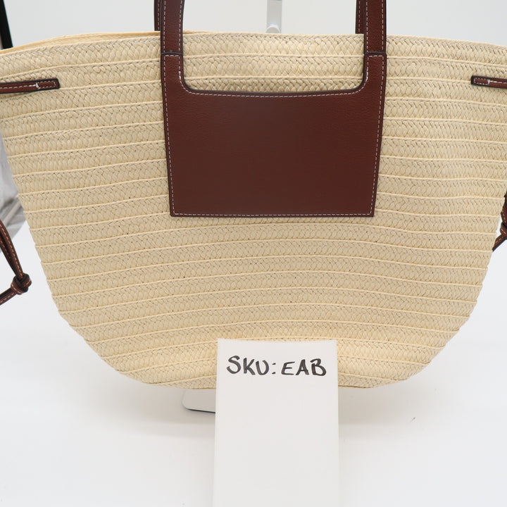 Womens Handbag Beige Straw Crochet Leather Double Handle Pocket Shoulder Bag