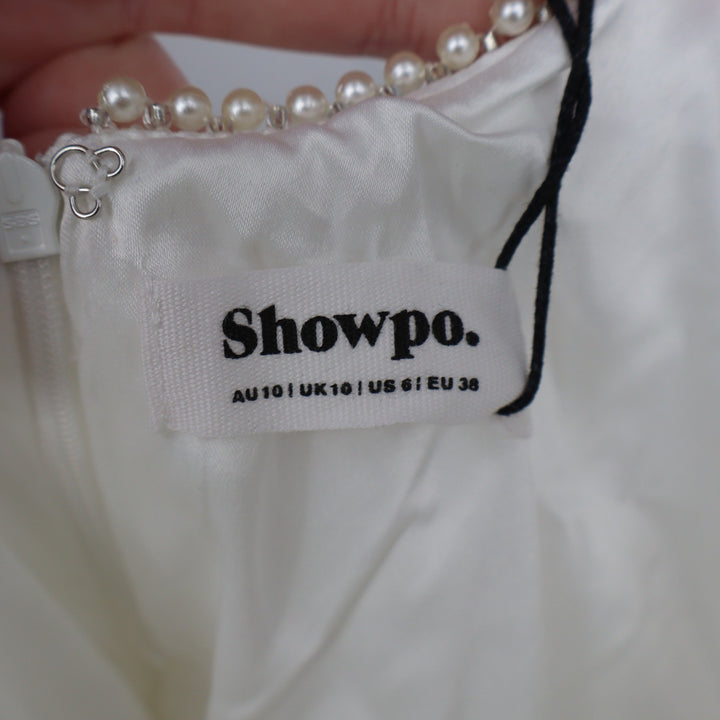 Showpo Kaitlyn Mini Dress Ivory Corset Pearl Trim Fit and Flare US 6