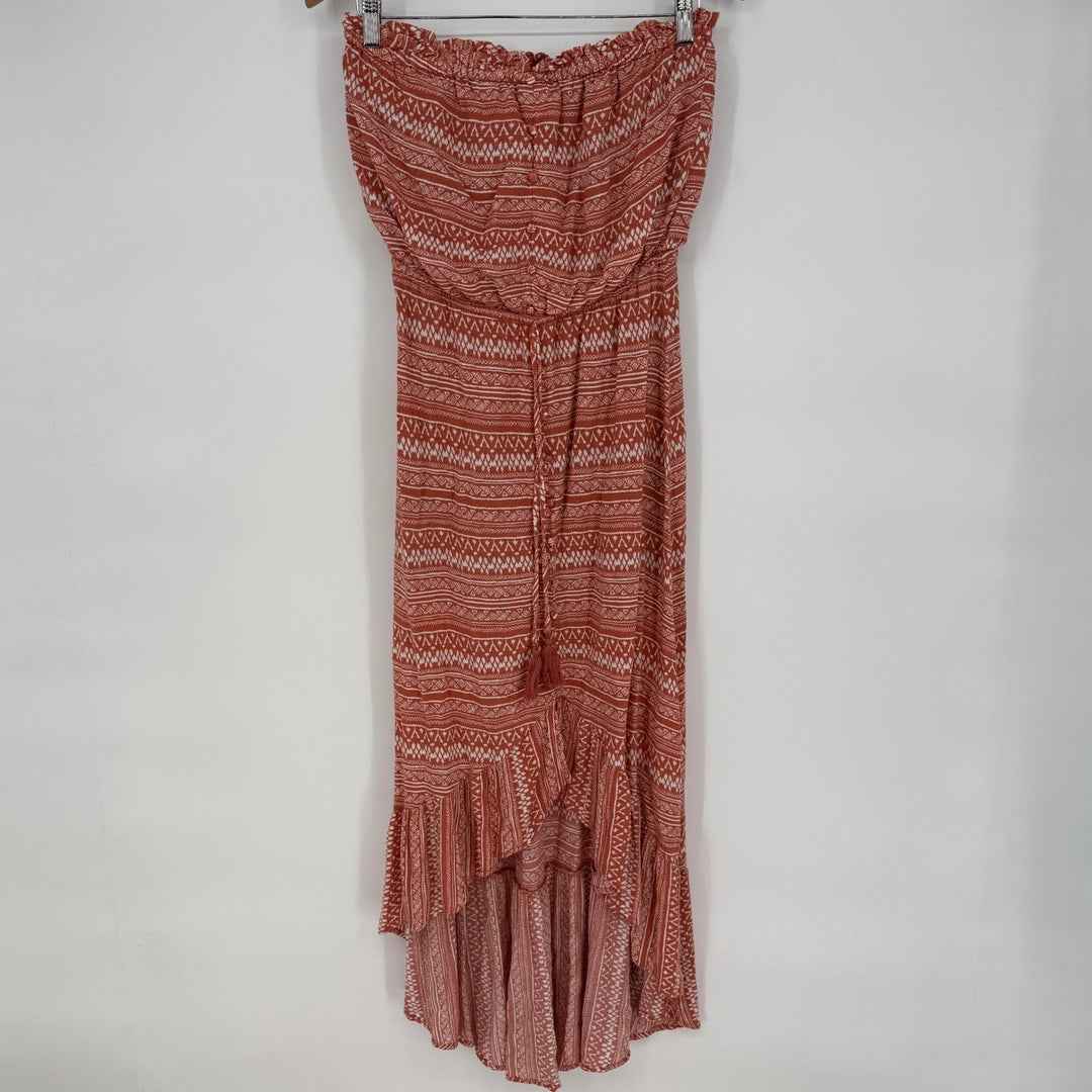 Main Strip Strapless Hi-Lo Maxi Dress Geometric Print Medium Boho