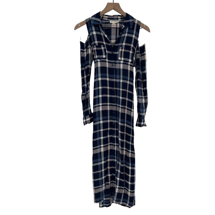 Maison Jules Plaid Cold Shoulder Maxi Shirt Dress Navy Pink Blue XS Tie Waist