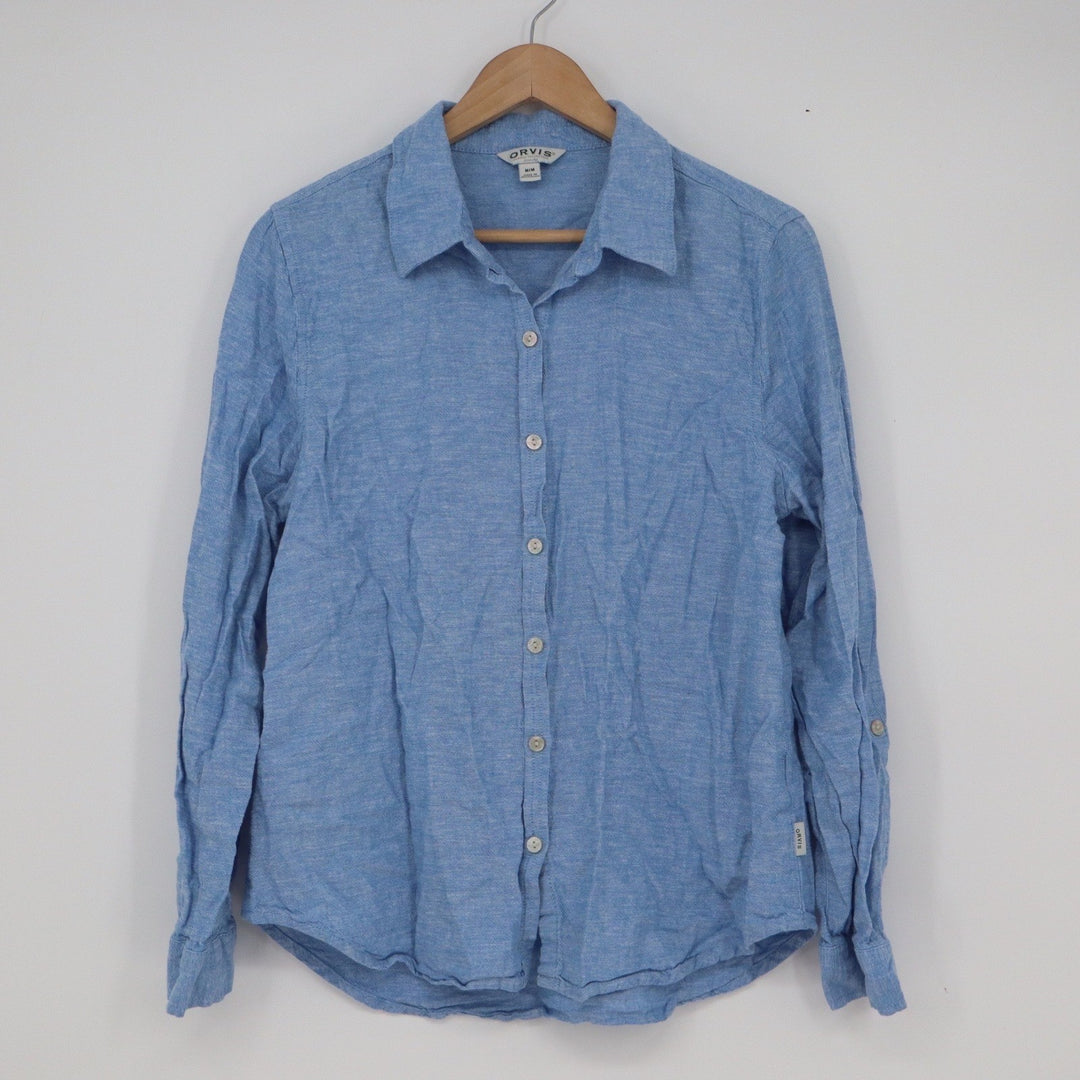 Orvis Classic Collection Blue Linen Blend Button Down Shirt Womens Medium