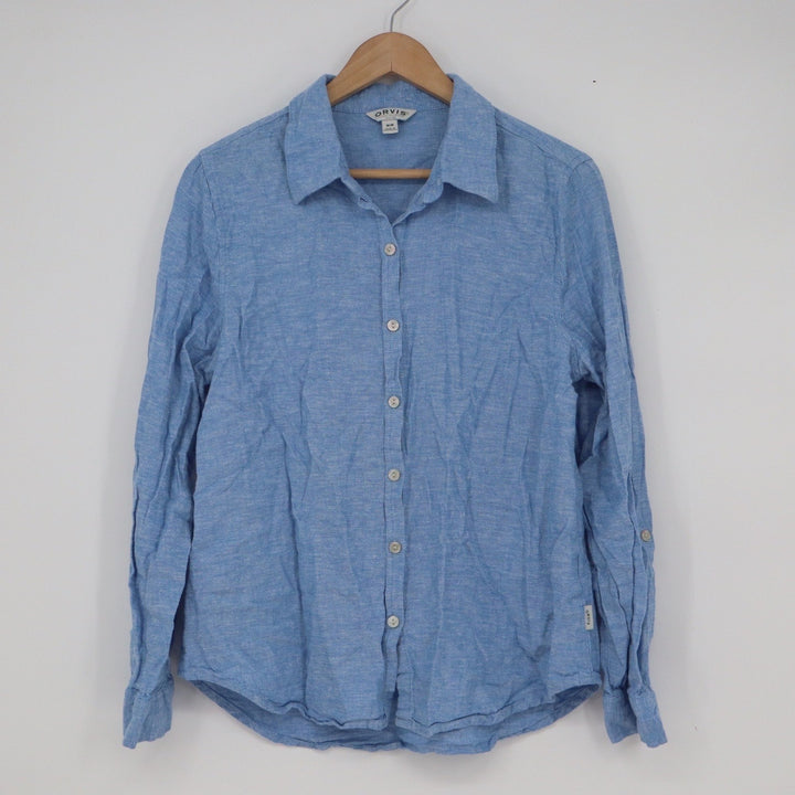 Orvis Classic Collection Blue Linen Blend Button Down Shirt Womens Medium