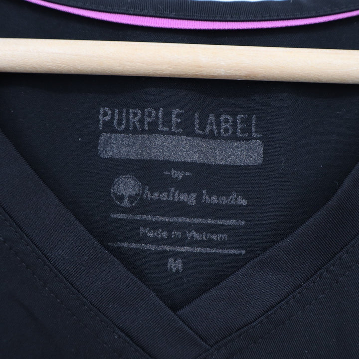 Purple Label by Healing Hands Scrub Top Women's Medium Black V-Neck Short Sleeve