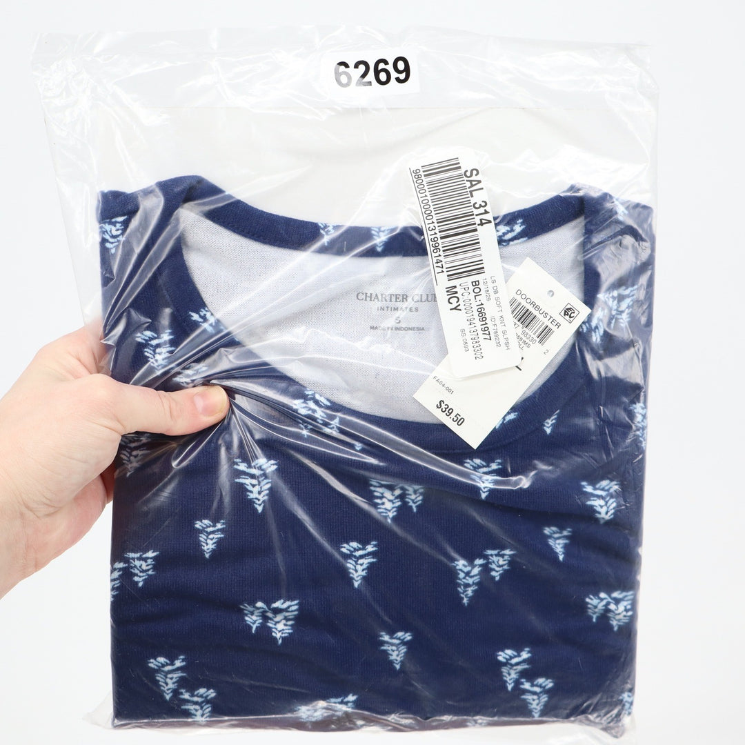Charter Club Intimates Navy Blue Leaf Print Soft Knit Sleep Shirt Small NWT