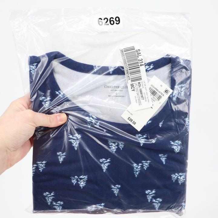 Charter Club Intimates Navy Blue Leaf Print Soft Knit Sleep Shirt Small NWT
