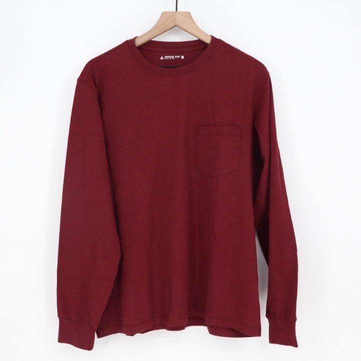 American Giant T-Shirt Mens M Burgundy Ribbed Long Sleeve Front Pocket Crew Neck