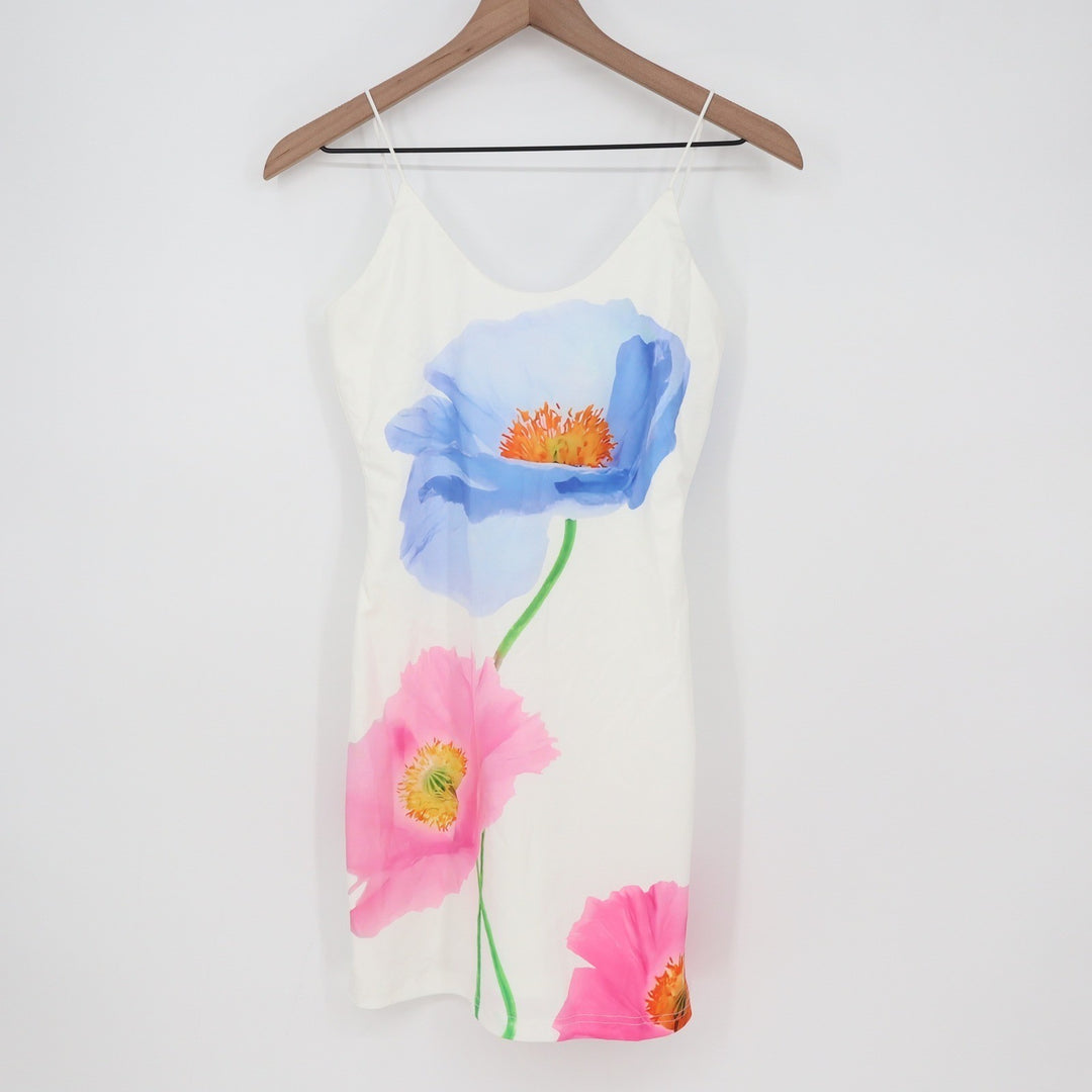 Commense Floral Poppy Print Mini Dress White Blue Pink XS Spaghetti Strap