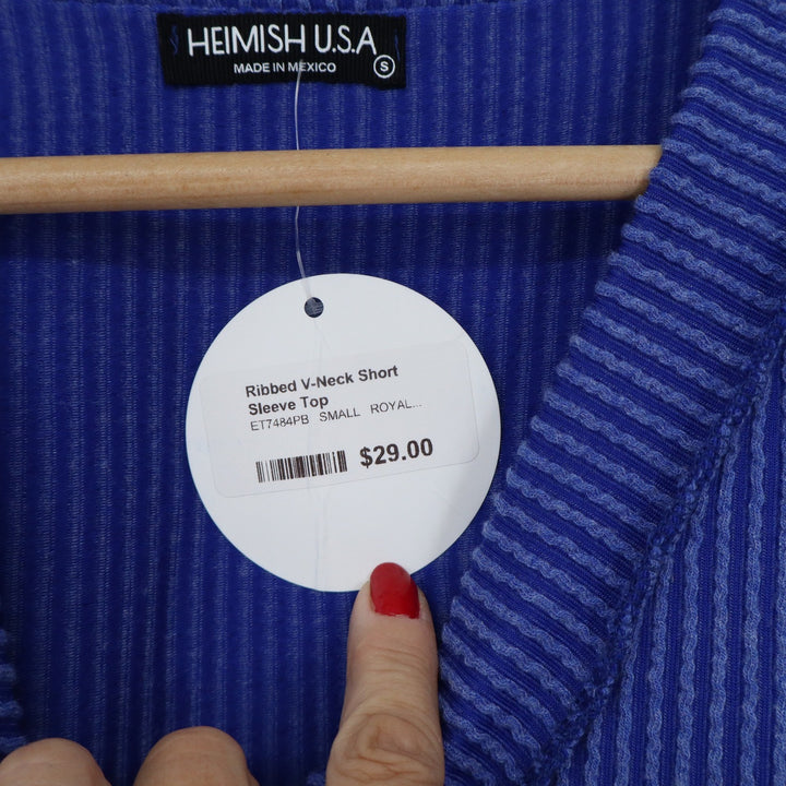 Heimish USA Royal Blue Ribbed V-Neck Short Sleeve Top Small NEW
