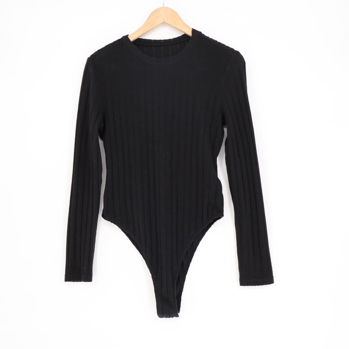 Shein One Piece Bodysuit Women Large Black Stretch Ribbed Knitted Crew Neck