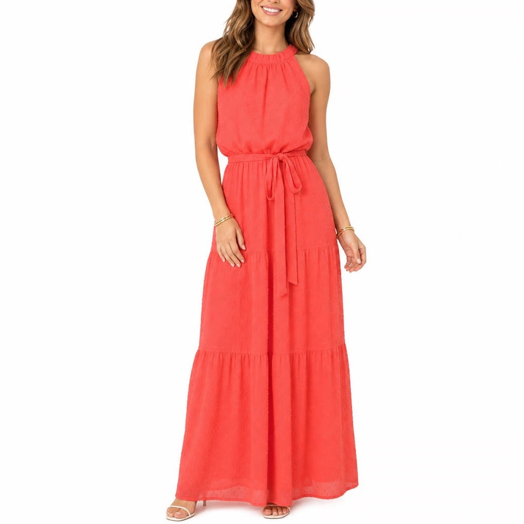 Julia Jordan Coral Swiss Dot Halter Maxi Dress Tiered Sleeveless Pink Size 16