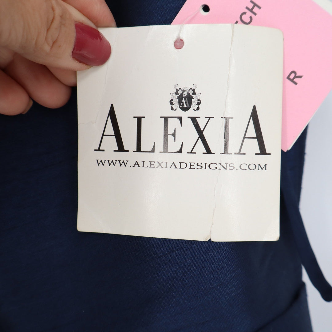 Alexia Designs Dress Womens 10 4144 Navy Blue Belted Pleated Neckline NEW