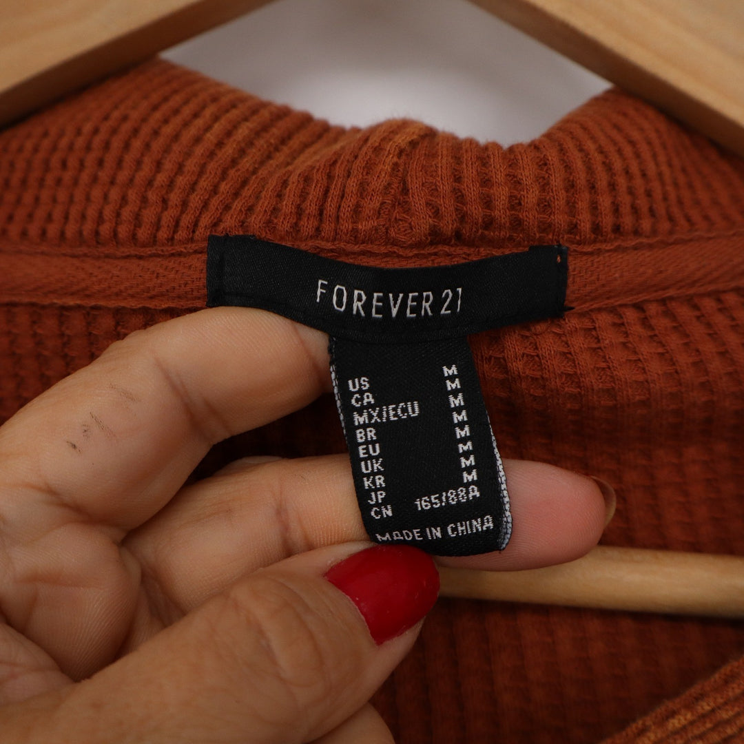 Forever 21 Burnt Orange Waffle Knit Cropped Zip-Up Hoodie Sweatshirt Womens M