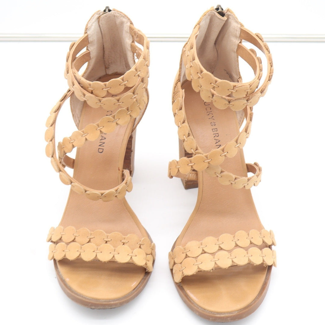 Lucky Brand Tan Leather Scalloped Gladiator Block Heel Sandals Womens 8.5