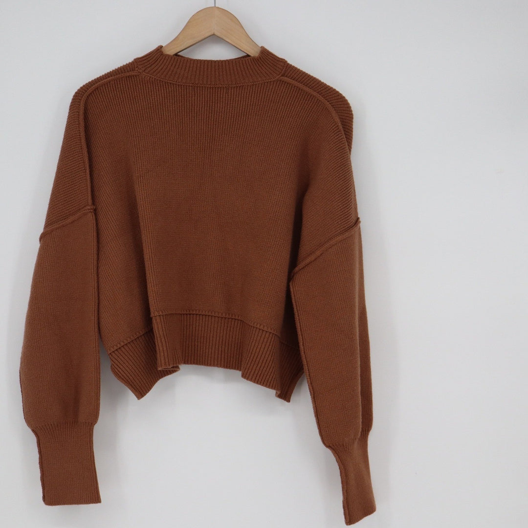Qinsen Womens Rust Brown Ribbed Mock Neck Cropped Sweater Large