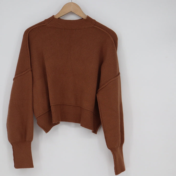 Qinsen Womens Rust Brown Ribbed Mock Neck Cropped Sweater Large