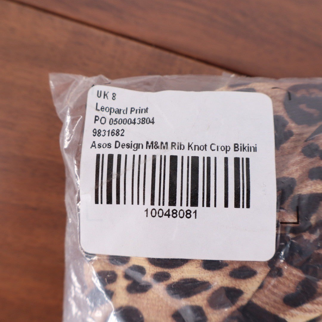 ASOS DESIGN M&M Rib Knot Crop Bikini Leopard Print UK 8 US 4