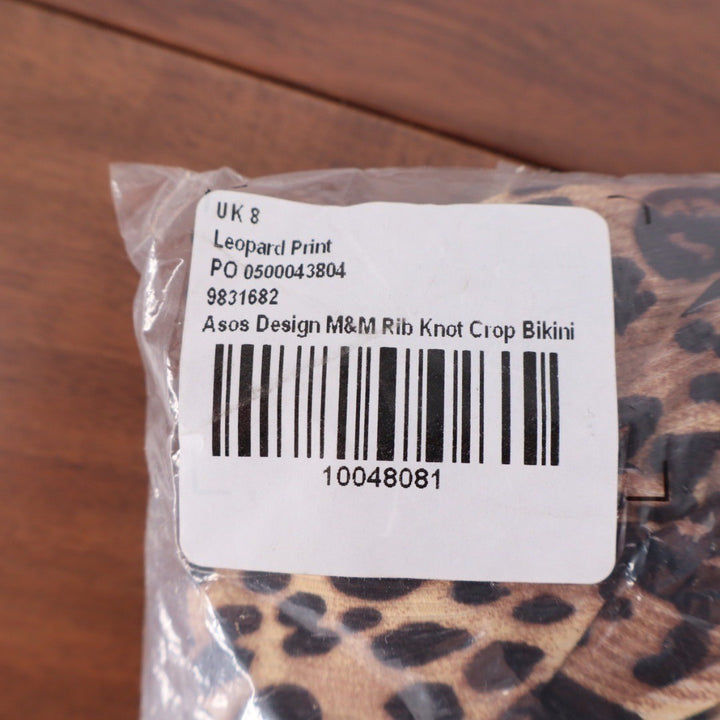 ASOS DESIGN M&M Rib Knot Crop Bikini Leopard Print UK 8 US 4