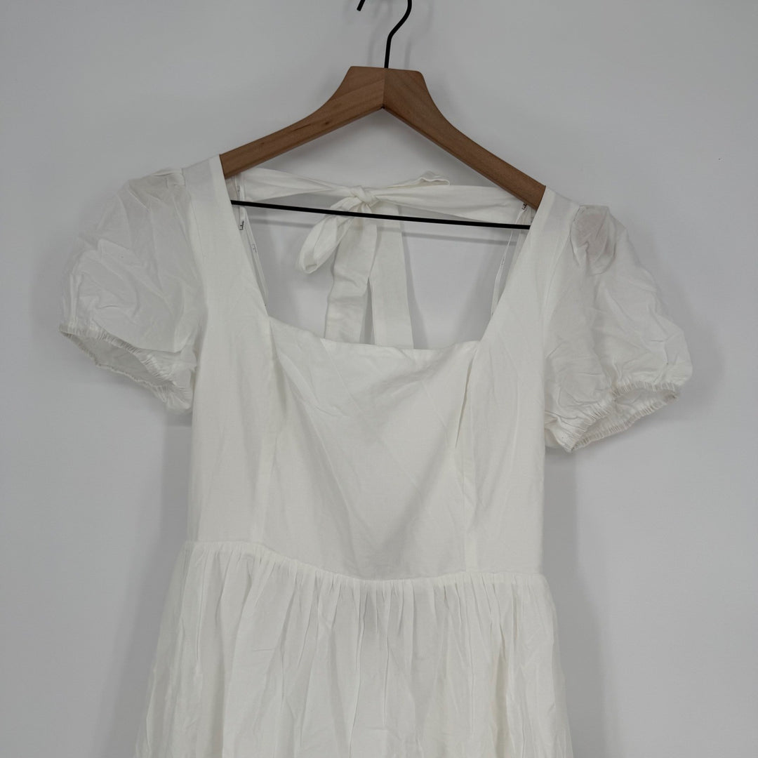 Lulus Stylish Merriment White Puff Sleeve Embroidered Midi Dress Size M