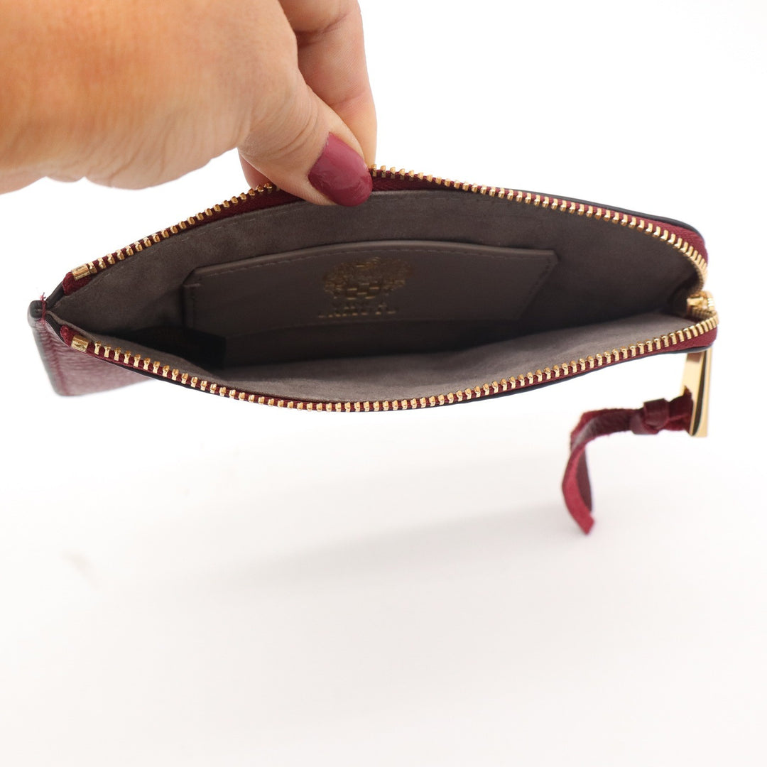 Vince Camuto Burgundy Pebbled Leather Slim Card Case L-Zip Wallet Gold Hardware
