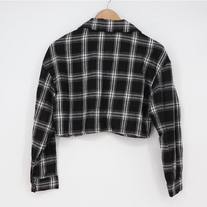 SHEIN Black White Plaid Cropped Flannel Shirt XS