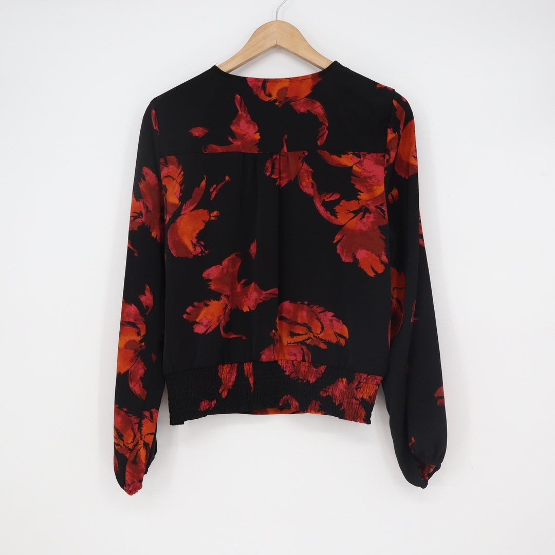 Nine West Womens Floral Wrap V-Neck Blouse Black Red Orange Smocked Waist Size M