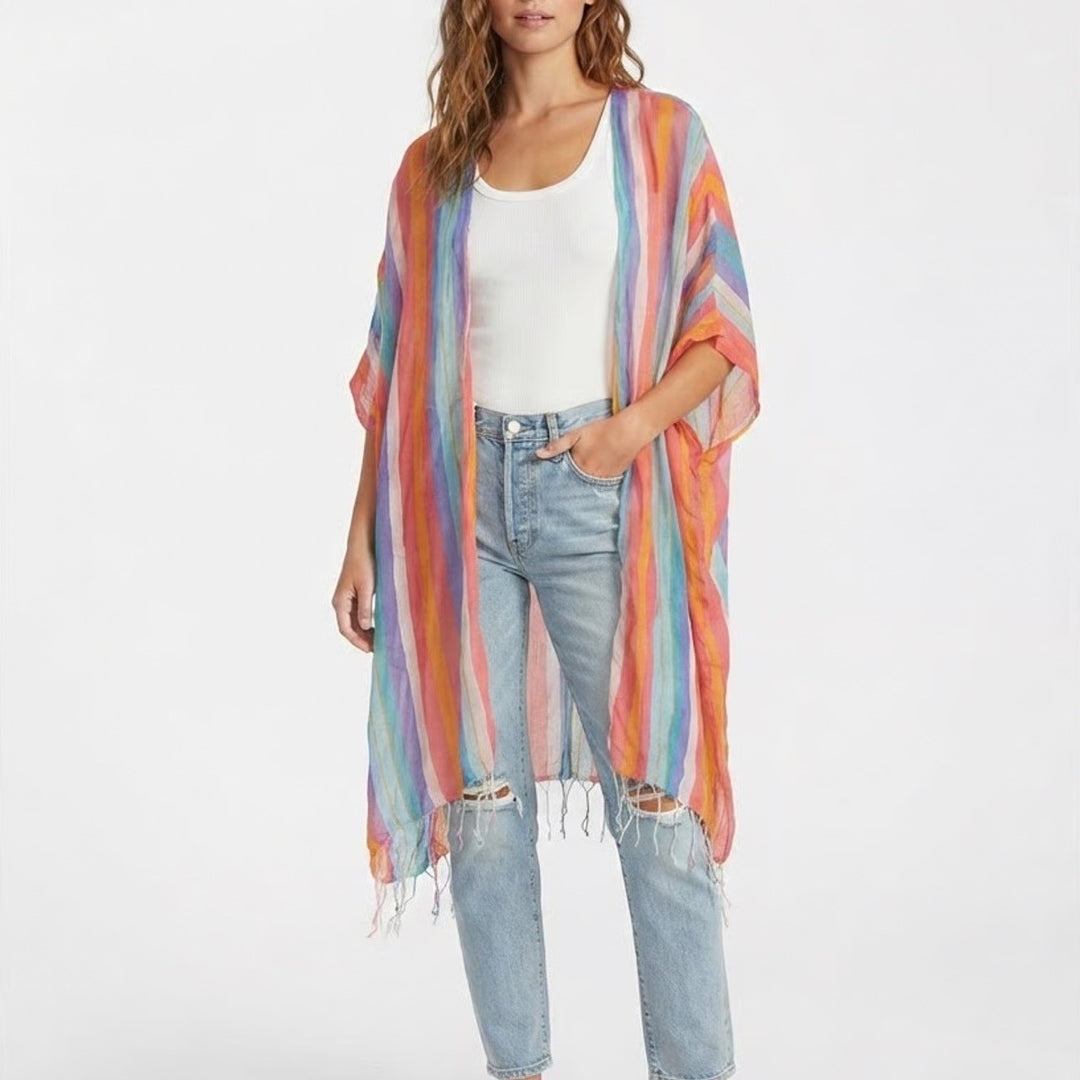 J.Crew Womens Rainbow Striped Organic Cotton Fringe Wrap Kimono S/M Multicolor