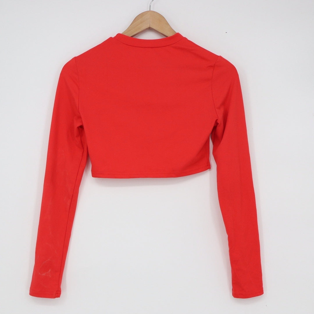 Red Mock Neck Long Sleeve Crop Top Slim Fit Athletic Minimalist Small