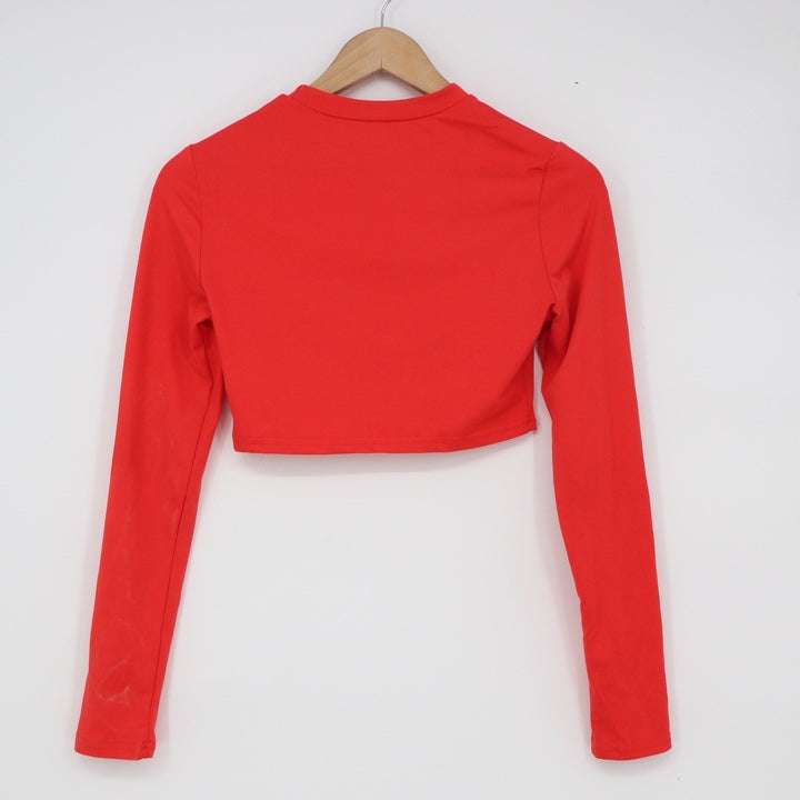 Red Mock Neck Long Sleeve Crop Top Slim Fit Athletic Minimalist Small